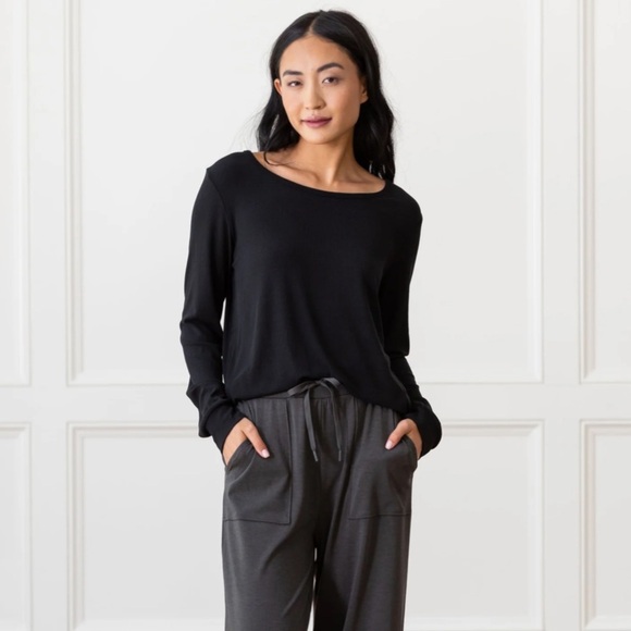 Cozy Earth Rib-Knit Bamboo Long Sleeve Lounge Top in Black Size Large NEW - Picture 1 of 6